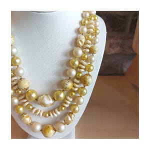 1950s/60s yellow and gold beaded 3-strand necklace - Hong Kong - vintage jewelry