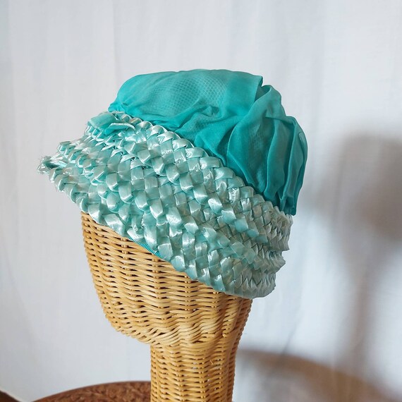 1950s turquoise peach basket hat in chiffon and r… - image 5