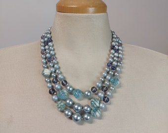 1950s/60s icy blue 3-strand beaded necklace  - pearlescent aqua blue - graduated beads