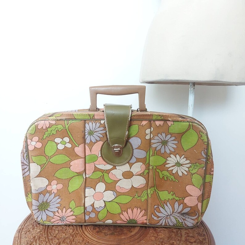 1960s/70s Small Floral Fabric Suitcase Made in Japan Green Etsy