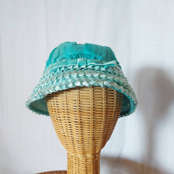 1950s turquoise peach basket hat in chiffon and r… - image 7