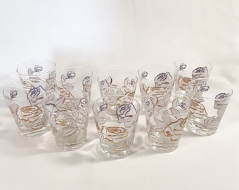 Vasos de cóctel Libbey Rose Bouquet de los años 50 y 60 (juego de 9) - Decoración vintage para el hogar