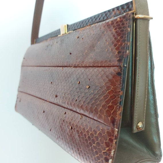 1940s/50s snakeskin top handle handbag purse - br… - image 7