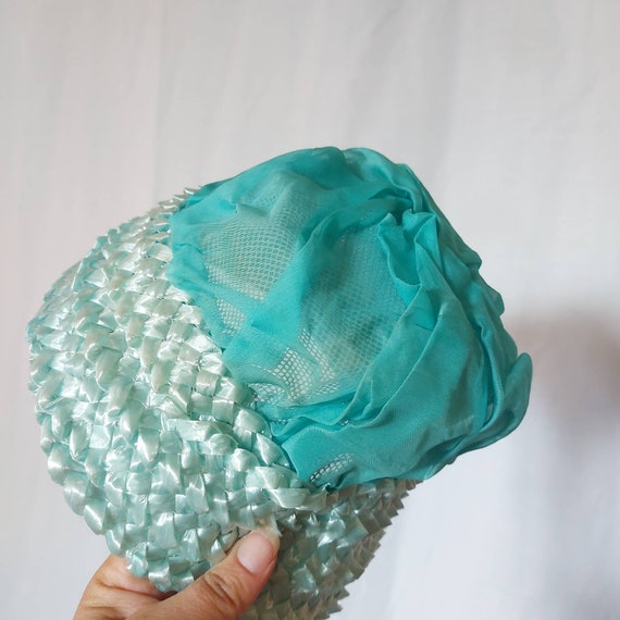 1950s turquoise peach basket hat in chiffon and r… - image 4
