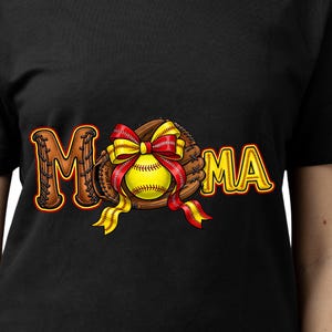 May include: Black t-shirt with a softball-themed design spelling "MOM". The letters are yellow and brown, with a softball glove and a yellow softball adorned with a red and yellow bow.