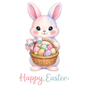 Op de afbeelding: Een aquarel illustratie van een pluizig wit en roze paashaasje met een gevlochten mand vol kleurrijke paaseieren. Het konijn heeft blauwe ogen en een pastelkleurige strik. De woorden "Happy Easter" staan eronder.
