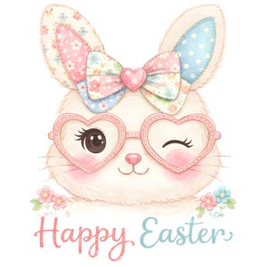 Peut inclure: Illustration d'un lapin avec des lunettes en forme de cœur et un nœud floral. Le lapin fait un clin d'œil et est entouré de fleurs. Les mots "Happy Easter" sont écrits en rose et bleu en dessous.