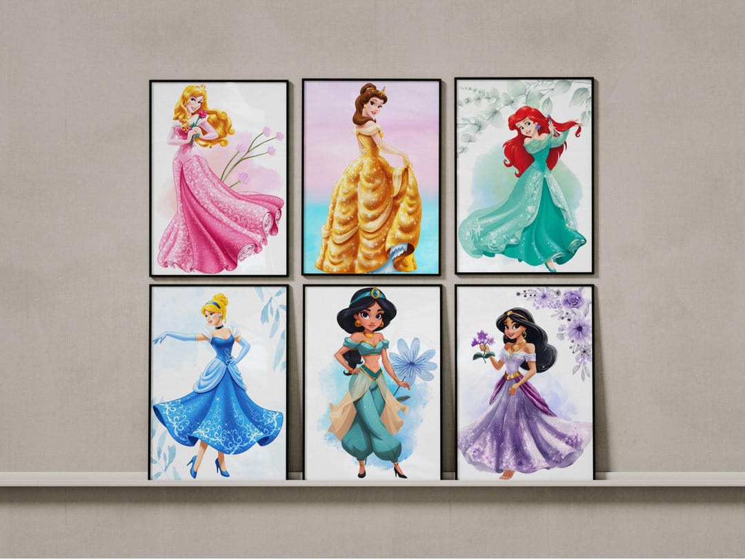 Princess Wall Art, Princess Poster Set of 6, Nursery Wall Art, Kids ...