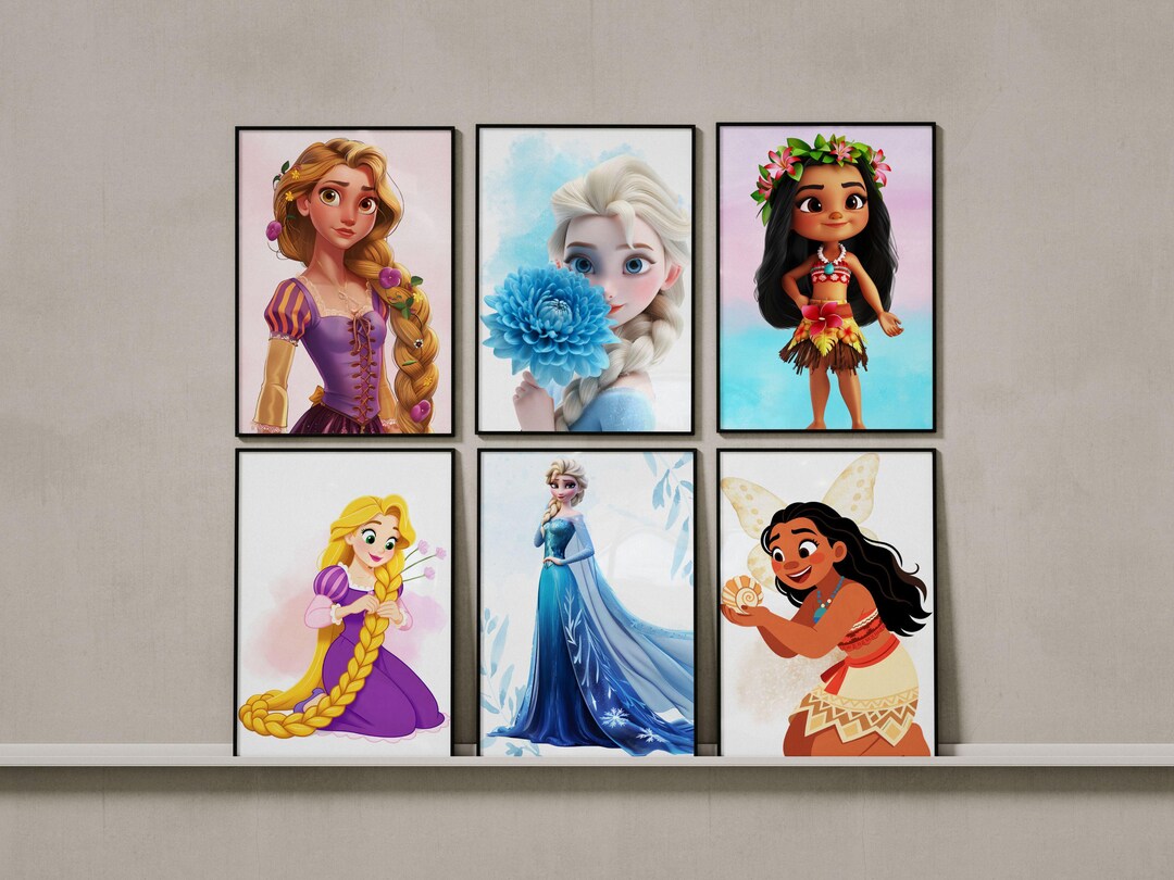Princess Poster Set of 6, Princess Wall Art, Nursery Wall Art, Kids ...