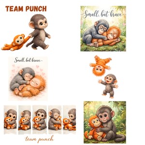 May include: A series of watercolour illustrations of cute cartoon monkeys. Some images show monkeys embracing, while others depict them playing. Text includes "Team Punch" and "Small, but brave."