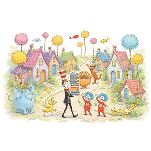 May include: A vibrant illustration depicting a fantastical townscape with distinctive trees and houses. A character in a tall hat carries books, accompanied by two figures in red suits. Other cartoon characters and animals are also present in this children's book illustration.