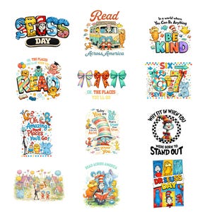 May include: A selection of colourful Dr. Seuss-themed graphics. Designs include text such as "Seuss Day," "Read Across America," and "Be Kind." Other graphics feature characters and quotes from Dr. Seuss books, with vibrant illustrations and playful fonts.