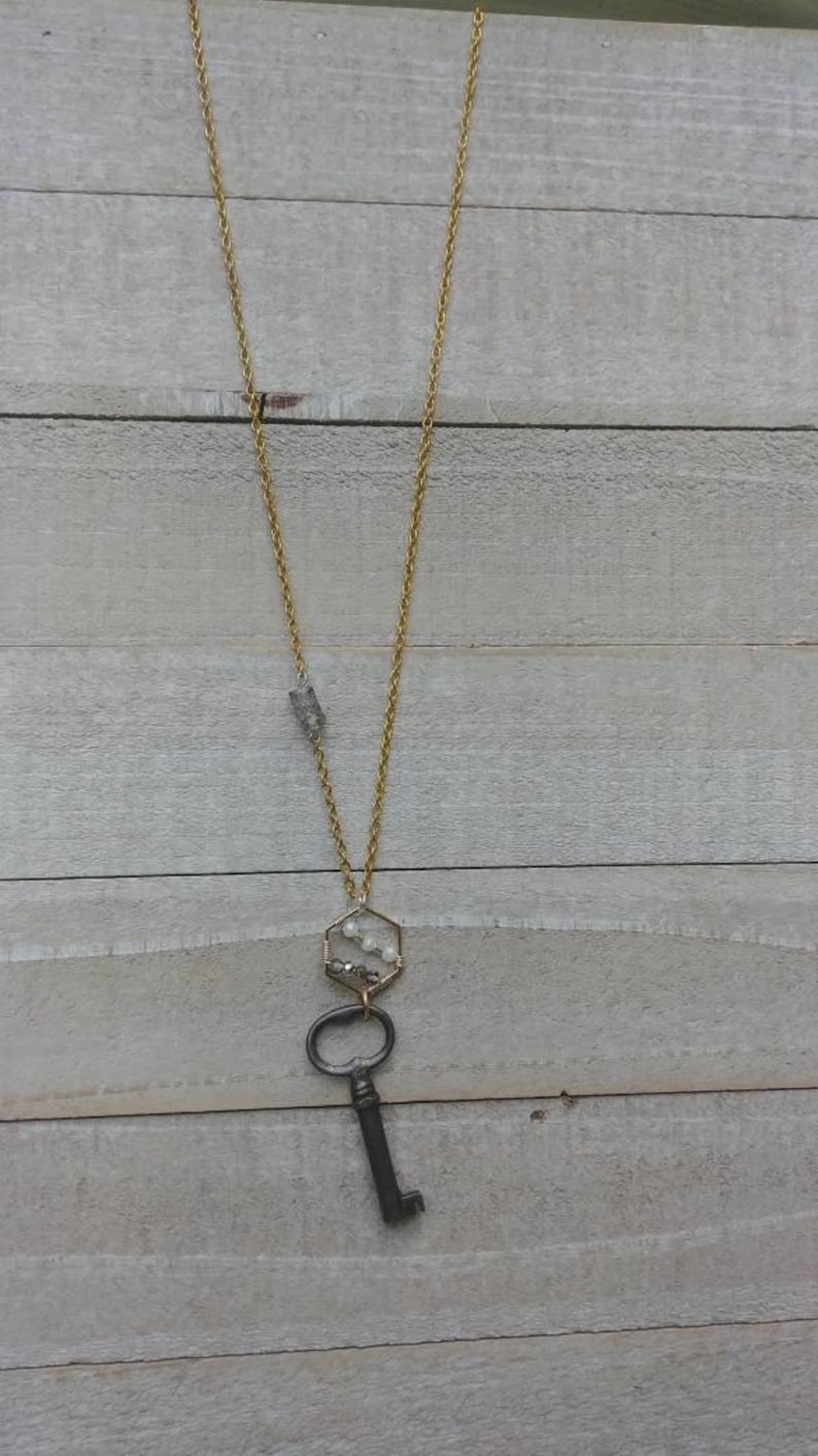 Mixed Metal Vintage Key Necklace Hexagon PendantGold Plated Chain