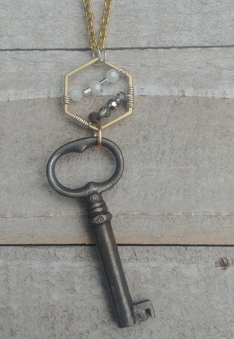 Mixed Metal Vintage Key Necklace Hexagon PendantGold Plated Chain