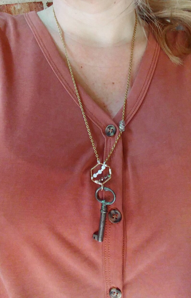 Mixed Metal Vintage Key Necklace Hexagon PendantGold Plated Chain