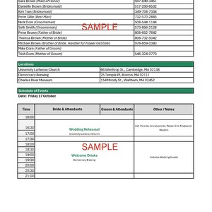 Może przedstawiać: Arkusz z oszustwami harmonogramu ślubu dla Amandy i Matthew, zawierający informacje kontaktowe, lokalizacje i harmonogram wydarzeń na piątek 17 października. Zawiera przykładową sekcję i notatki.