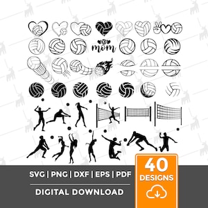 Peut inclure: Graphique numérique noir et blanc téléchargeable avec 40 motifs de volley-ball. Comprend des ballons de volley-ball, des silhouettes de joueurs, des filets et des ballons de volley-ball en forme de cœur. Le texte comprend "mom" et les options de type de fichier.