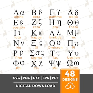 Könnte beinhalten: Eine digitale Grafik mit dem griechischen Alphabet, Groß- und Kleinbuchstaben, mit englischen Übersetzungen. Das Bild enthält den Text "SVG | PNG | DXF | EPS | PDF DIGITAL DOWNLOAD" und "48 DESIGNS".