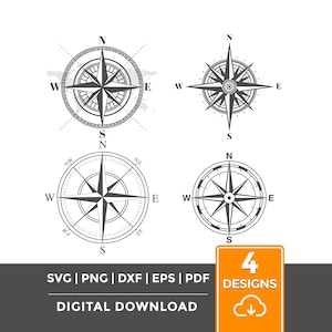 May include: Four compass rose designs in black and white. The compasses point North, South, East, and West. The image includes the text "SVG | PNG | DXF | EPS | PDF DIGITAL DOWNLOAD" and an orange square with the text "4 DESIGNS".