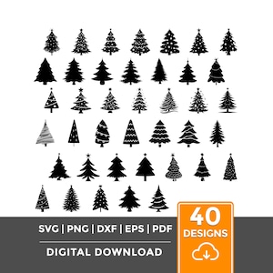 May include: A collection of 40 black Christmas tree designs in various styles. The image includes text that reads "SVG | PNG | DXF | EPS | PDF" and "DIGITAL DOWNLOAD". A yellow and orange square with the number "40" and the word "DESIGNS" is in the bottom right corner.
