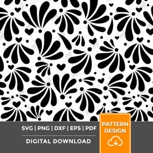 May include: Black and white digital pattern design featuring stylized floral and heart shapes. The design includes the text "SVG | PNG | DXF | EPS | PDF" and "DIGITAL DOWNLOAD". An orange rectangle with the text "PATTERN DESIGN" and a cloud icon is in the lower right corner.