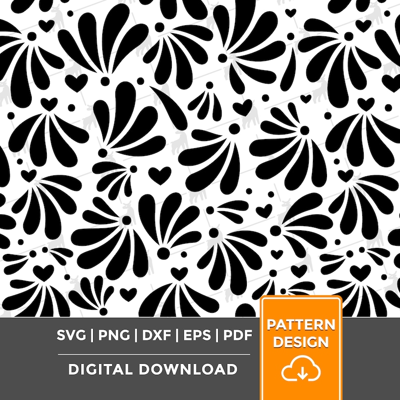 May include: Black and white digital pattern design featuring stylized floral and heart shapes. The design includes the text "SVG | PNG | DXF | EPS | PDF" and "DIGITAL DOWNLOAD". An orange rectangle with the text "PATTERN DESIGN" and a cloud icon is in the lower right corner.