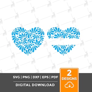 May include: Two blue floral heart designs and a partial heart design on a white background. The designs are made of blue floral and heart shapes. The image includes the text "SVG | PNG | DXF | EPS | PDF DIGITAL DOWNLOAD" and an orange square with the number "2" and the word "DESIGNS".