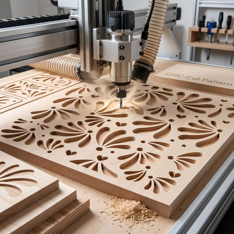 May include: A CNC machine cutting a floral pattern into a light-colored wooden board. The machine is silver and black, with a drill bit actively carving the design. The text "CNC-Cut Pattern" is visible on a separate piece of wood.