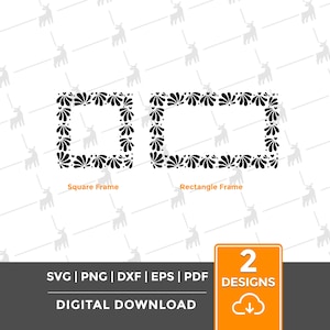 May include: Digital download featuring two black floral frame designs: a square and a rectangle. The frames are adorned with stylized floral and heart-shaped elements. The image includes the text "Square Frame" and "Rectangle Frame". The image also includes the text "SVG | PNG | DXF | EPS | PDF" and "DIGITAL DOWNLOAD".