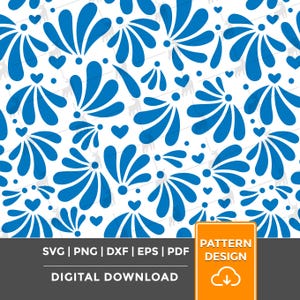 May include: A seamless digital pattern design featuring a repeating motif of blue stylized floral shapes and hearts on a white background. The design includes the text "SVG | PNG | DXF | EPS | PDF DIGITAL DOWNLOAD" and "PATTERN DESIGN".