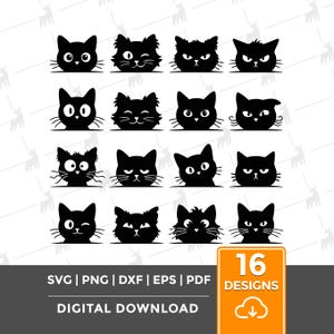 Könnte beinhalten: Eine digitale Download-Grafik mit 16 Designs von schwarzen Katzen-Gesichtern mit verschiedenen Ausdrücken. Das Bild enthält Dateitypoptionen: SVG, PNG, DXF, EPS und PDF. Ein leuchtend orangefarbenes Quadrat mit dem Text "16 Designs" und einem Cloud-Download-Symbol befindet sich auf der rechten Seite.