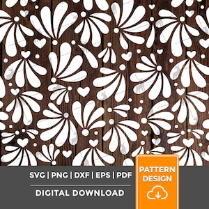 May include: A digital pattern design featuring white floral and heart shapes on a dark brown wood grain background. The design includes the text "SVG | PNG | DXF | EPS | PDF" and "DIGITAL DOWNLOAD". A small orange square with the words "PATTERN DESIGN" and a cloud icon is in the bottom right.