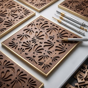 May include: Square wooden coasters with intricate floral cutouts and gold-colored metal edging. Several coasters are arranged on a white surface, with small tools nearby. The coasters have a dark brown finish.