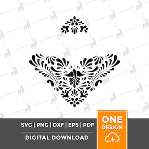 Peut inclure: Motif numérique noir et blanc avec des éléments floraux et un oiseau. Le design comprend le texte "SVG | PNG | DXF | EPS | PDF" et "TÉLÉCHARGEMENT NUMÉRIQUE". Un carré jaune et orange avec le texte "ONE DESIGN" et une icône de nuage est en bas à droite.