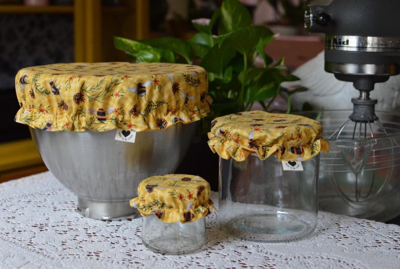 Reusable Mixing Bowl & Jar Covers - 100% Cotton Bumble Bee Print zdjęcie 1