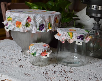 Reusable Mixing Bowl & Jar Covers - 100% Cotton Vegetable Seeds Print