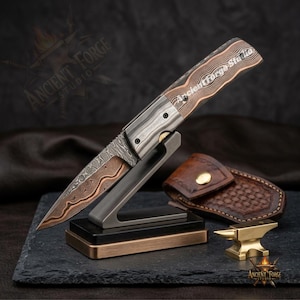 Handmade Copper Damascus Folding Knife, Cu-Mai Artisan Pocket Knife with Leather Sheath, Unique Luxury Gift for Him Full Coppor knife 1
