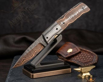 Handmade Copper Damascus Folding Knife, Cu-Mai Artisan Pocket Knife with Leather Sheath, Unique Luxury Gift for Him