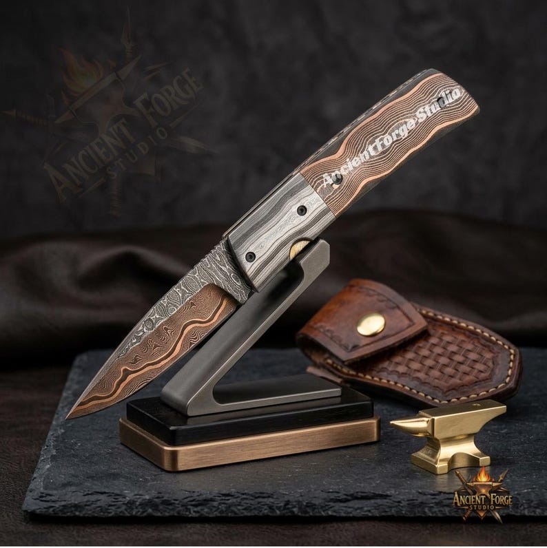 Handmade Copper Damascus Folding Knife, Cu-Mai Artisan Pocket Knife with Leather Sheath, Unique Luxury Gift for Him Full Coppor knife 1