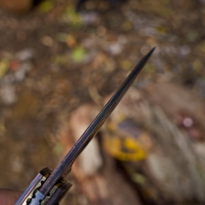 May include: A close-up view of a knife blade showing the spine and layered metal construction. The blade features a dark, multi-layered pattern along the spine, transitioning to a sharp, pointed tip. The handle base shows metallic components.