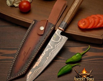 Handmade Copper Damascus Chef Knife | Malachite & Turquoise Handle | Luxury Kitchen Knife Gift for Anniversary or Christmas