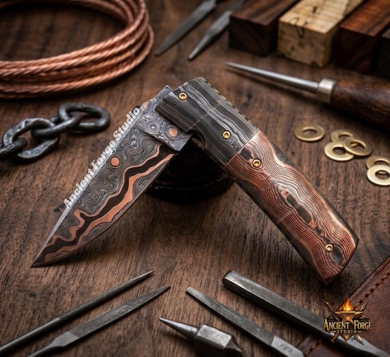 Handmade Copper Damascus Folding Knife, Cu-Mai Artisan Pocket Knife with Leather Sheath, Unique Luxury Gift for Him