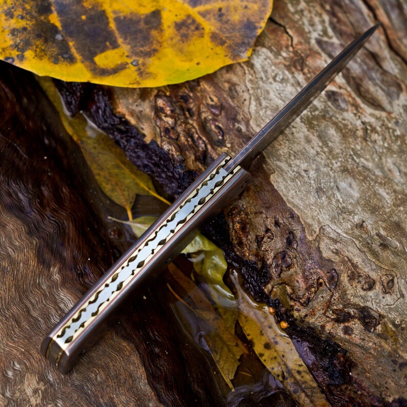 May include: A folding knife with a dark metal blade and a handle featuring a brown exterior with a decorative, scalloped brass-colored spine inlay. The knife is positioned diagonally, showcasing the intricate metalwork along the handle edge.