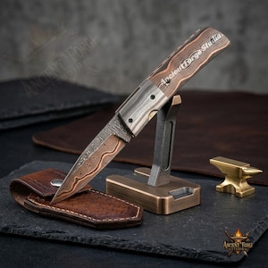 Handmade Copper Damascus Folding Knife, Cu-Mai Artisan Pocket Knife with Leather Sheath, Unique Luxury Gift for Him image 7
