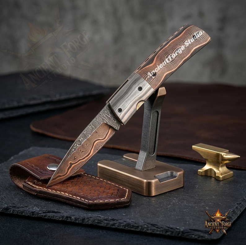 Handmade Copper Damascus Folding Knife, Cu-Mai Artisan Pocket Knife with Leather Sheath, Unique Luxury Gift for Him image 7