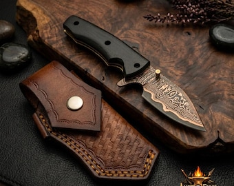 Copper Damascus Folding Knife – Handmade Pocket Camping Fishing Knife, Christmas Groomsmen Father's Day Gift for Him