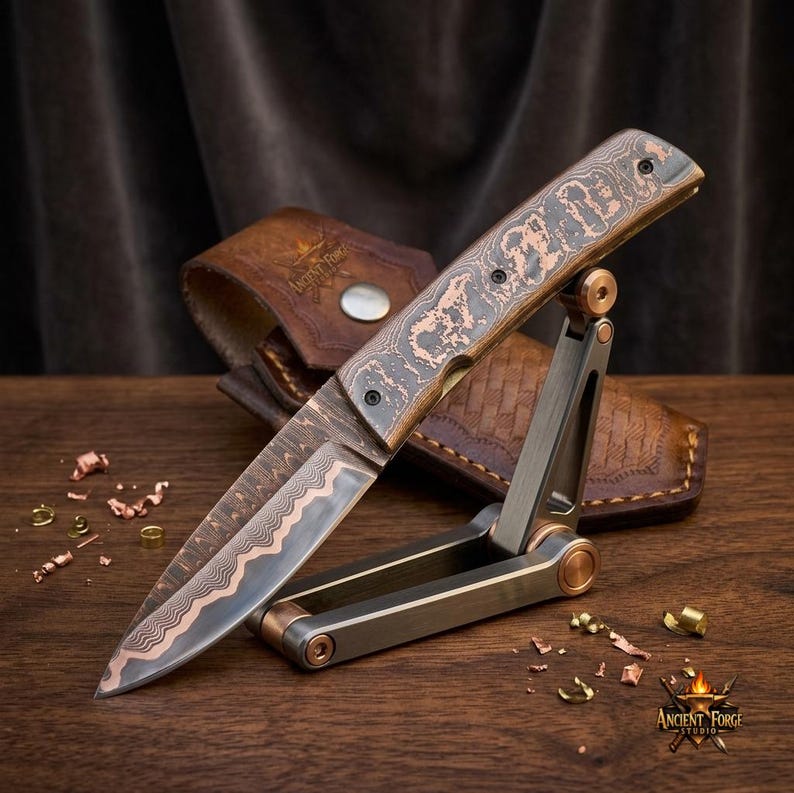 Handmade Copper Damascus Folding Knife, Cu-Mai Artisan Pocket Knife with Leather Sheath, Unique Luxury Gift for Him Full Coppor Knife 2