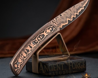 Copper Damascus Folding Knife – Personalized Handmade Cu Mai Pocket Knife, Leather Sheath, Anniversary Groomsman Birthday Gift