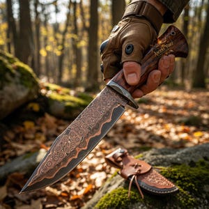 Koperen damascus jachtmes – bobcat-mes met regendruppelpatroon, handvat van palissander, handgemaakt gepersonaliseerd cadeau voor hem