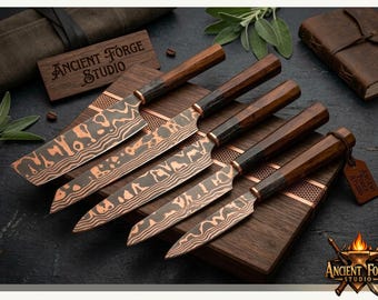 Koperen damascus koksmessenset – 5-delig luxe handgemaakt keukenmes, premium achthoekig houten handvat, cadeau voor hem